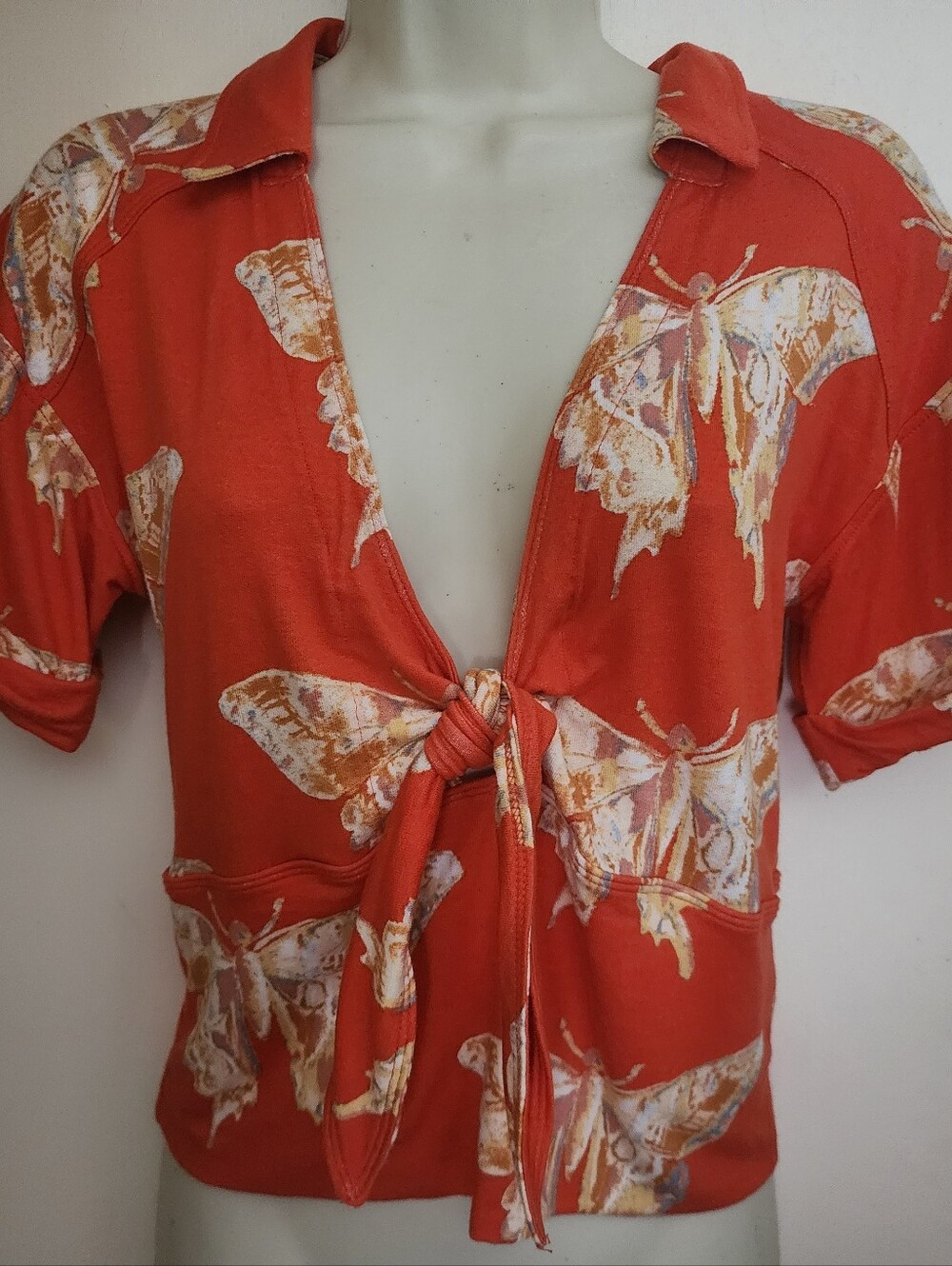 Free People L Women's Orange Tie-Front Butterfly Print Top